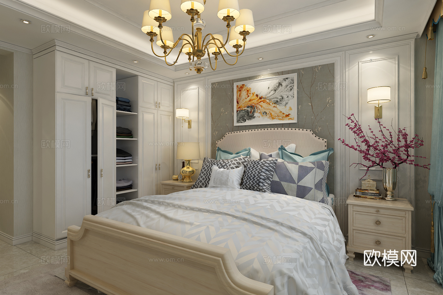 新中式卧室吊灯 双人床 挂画 壁灯 衣橱 台灯3d模型下载（渲染图2）
