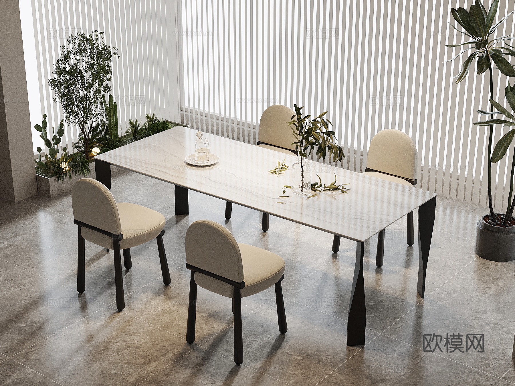 现代餐桌椅 条形餐桌su模型