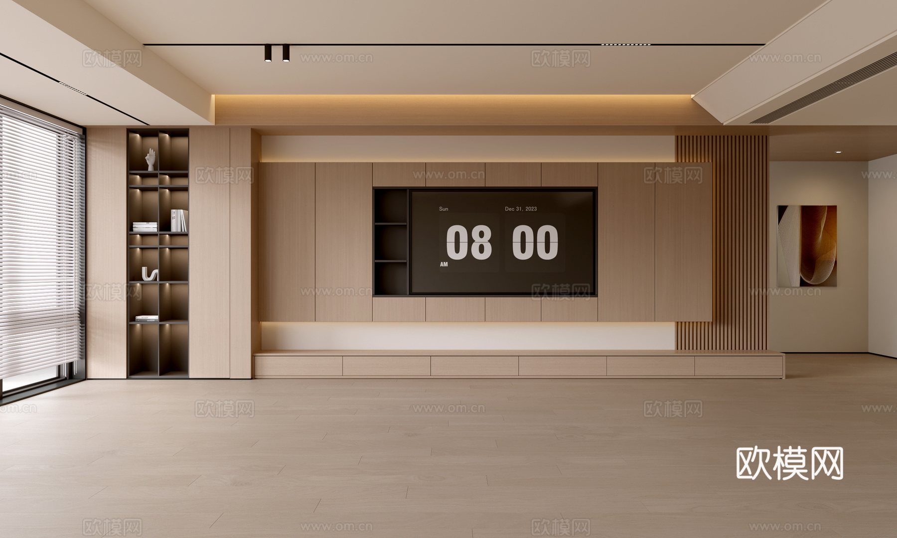 现代客厅 奶油客厅 电视背景墙 客厅背景 奶油风背景墙su模型下载（渲染图1）