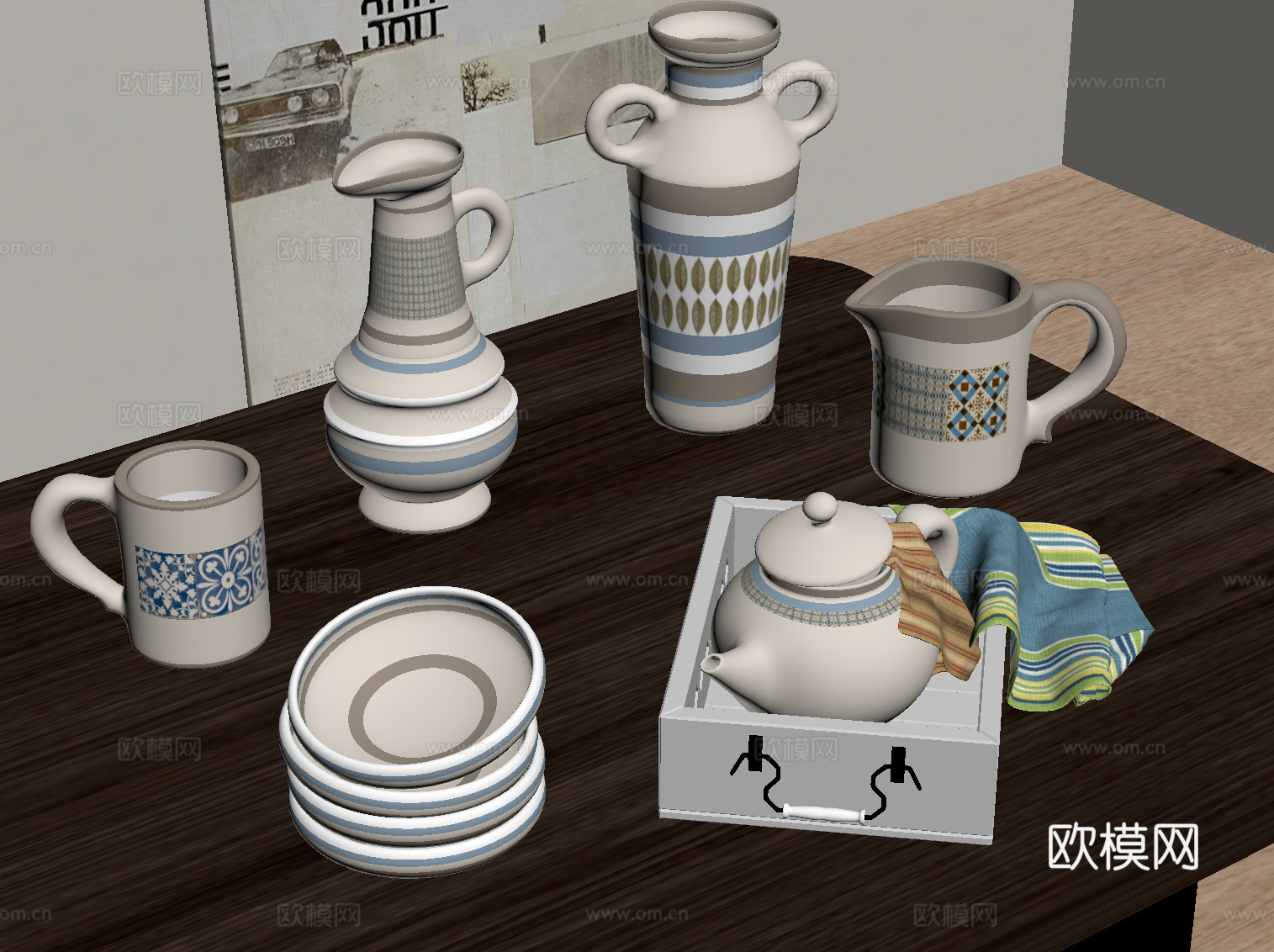 法式复古花瓶 摆件 茶壶 水杯su模型