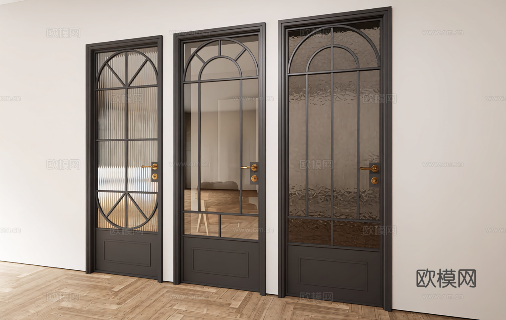 现代简约玻璃实木门 长虹玻璃拱形 水波纹玻璃 金色把手su模型