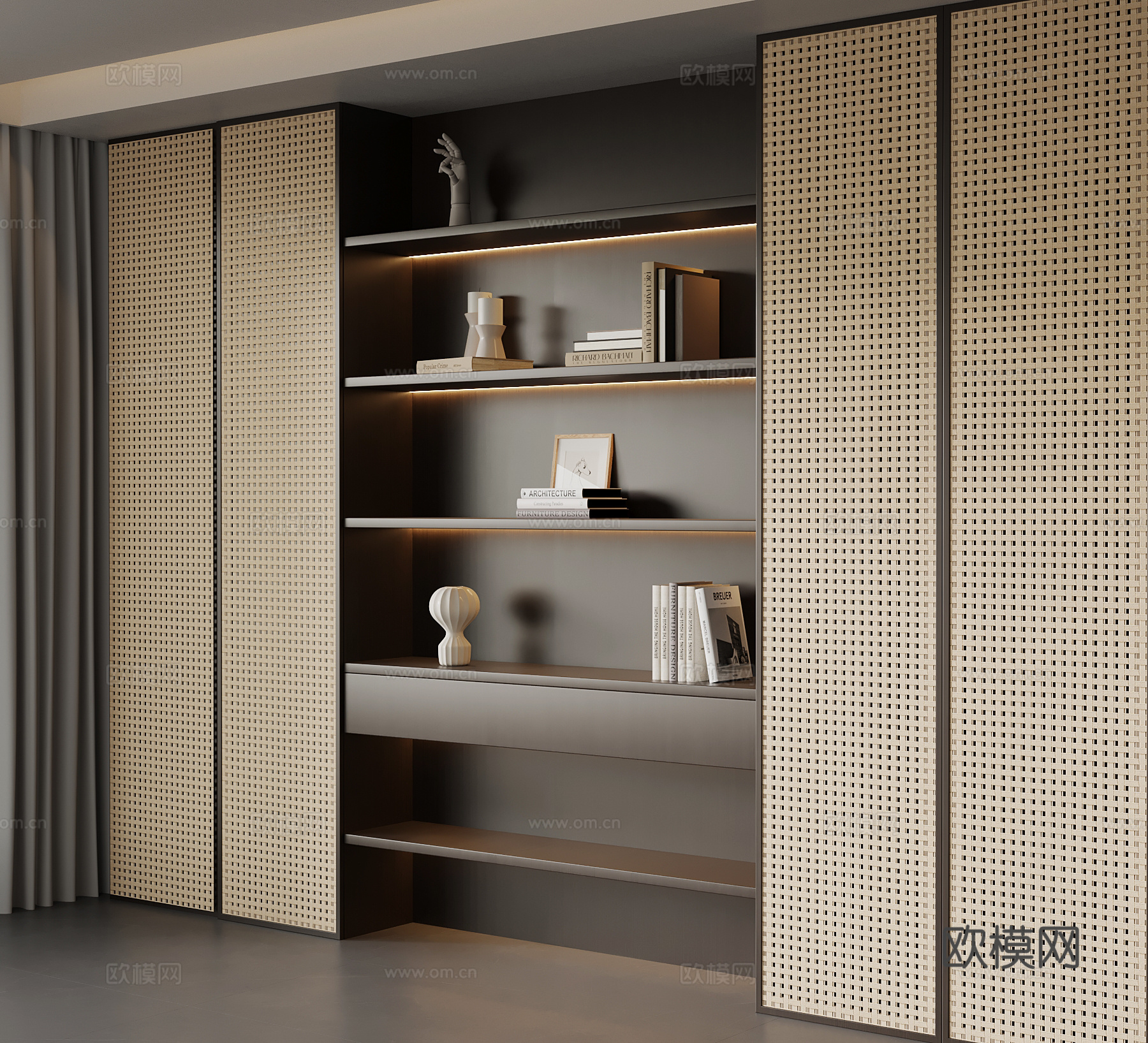 新中式书柜 储物柜su模型下载（渲染图1）