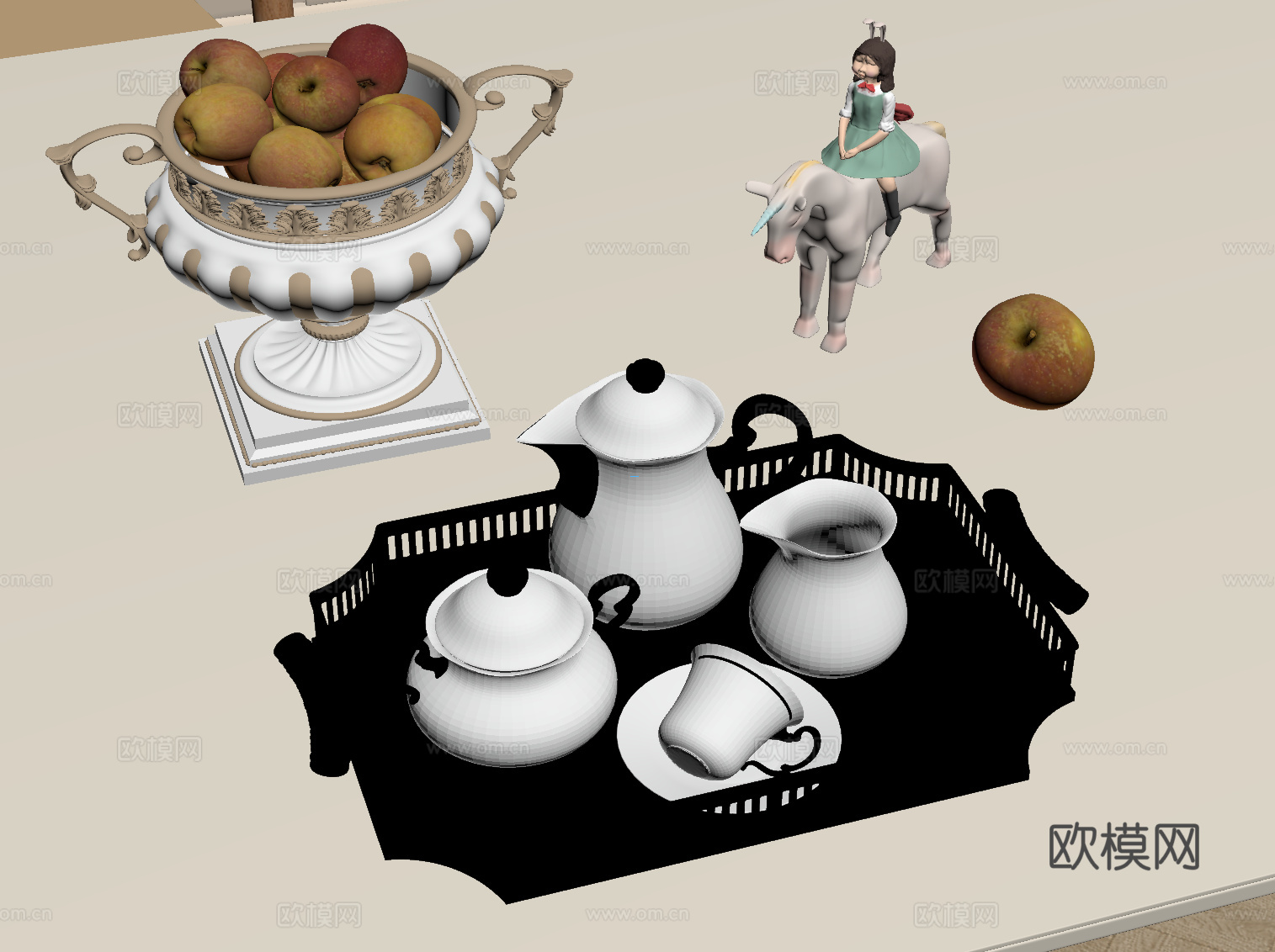 法式复古茶具 果盘 摆件su模型