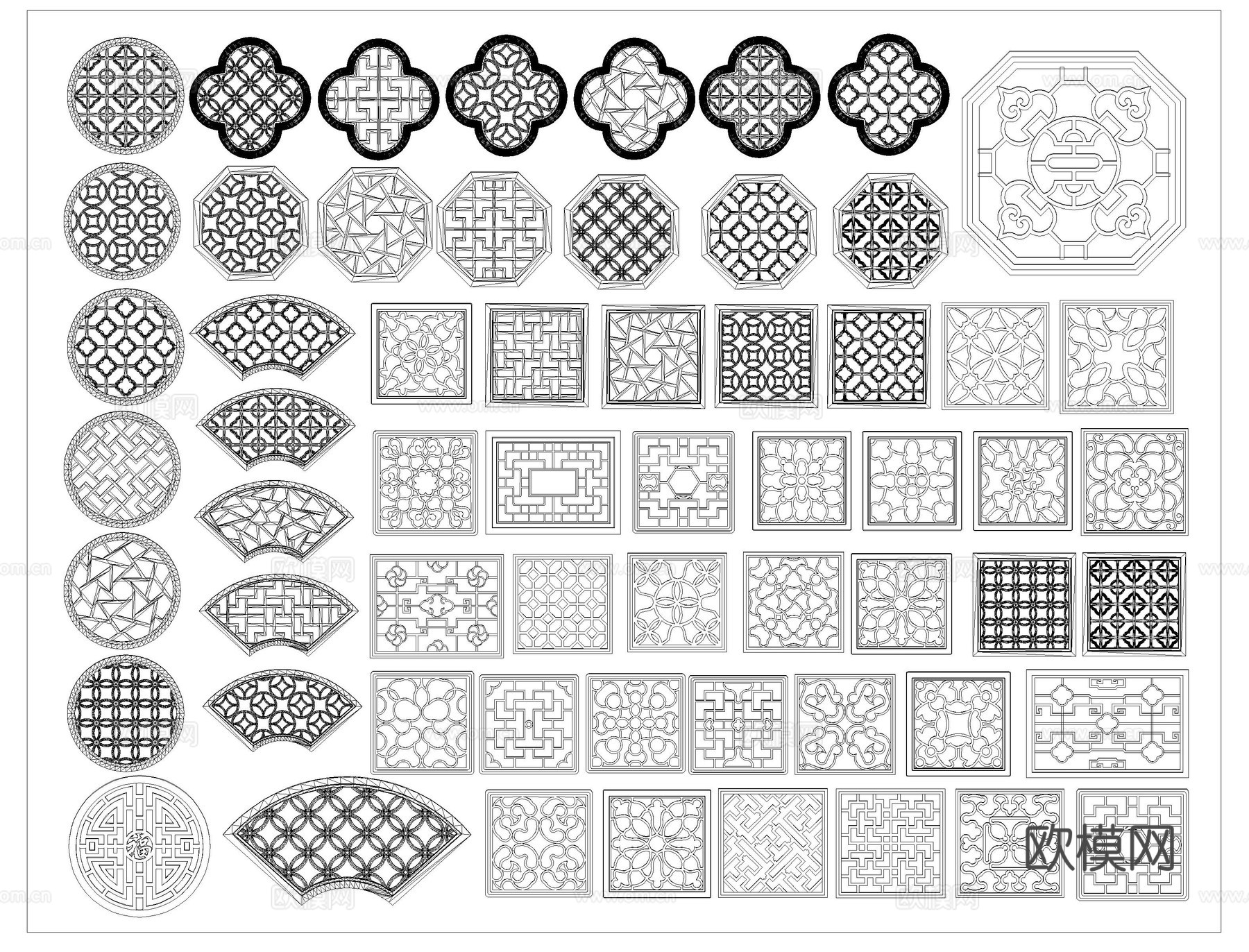 雕花线条窗花仿古漏窗景墙cad施工图