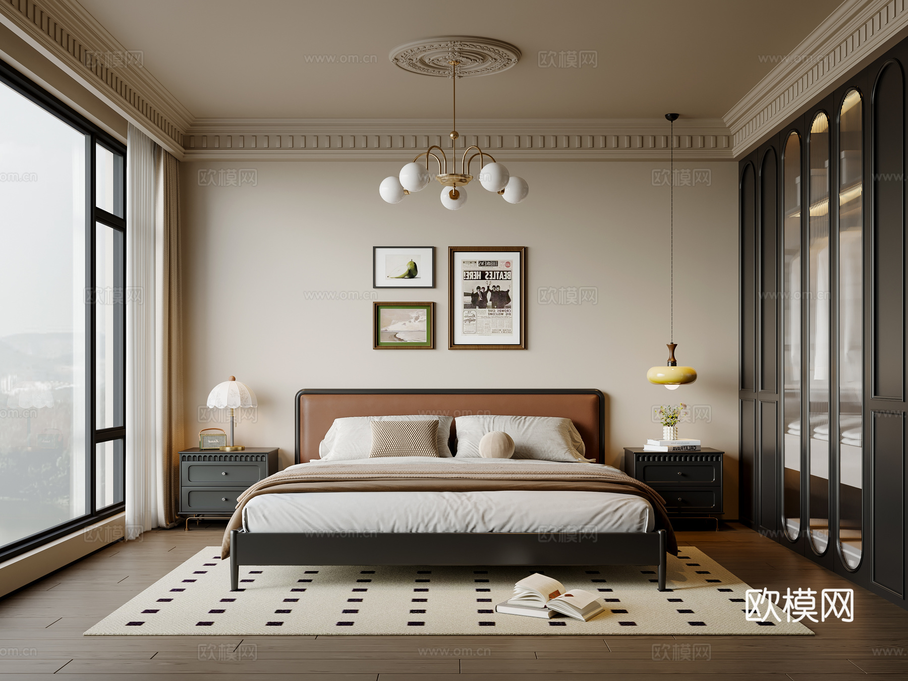 法式中古风卧室 实木双人床 床头柜 吊灯挂画 地毯su模型下载（渲染图1）