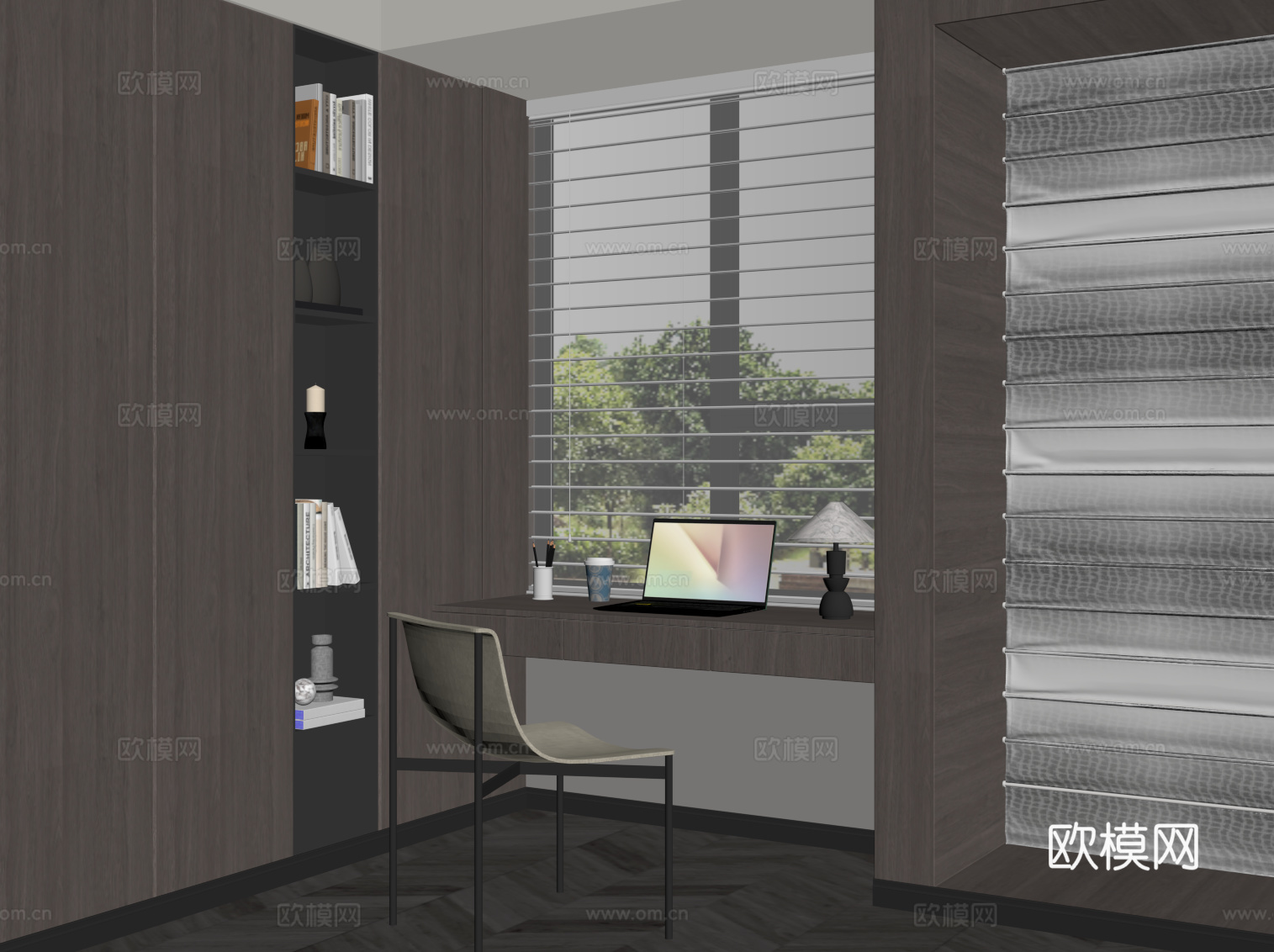 现代意式书房 书桌椅 书柜su模型