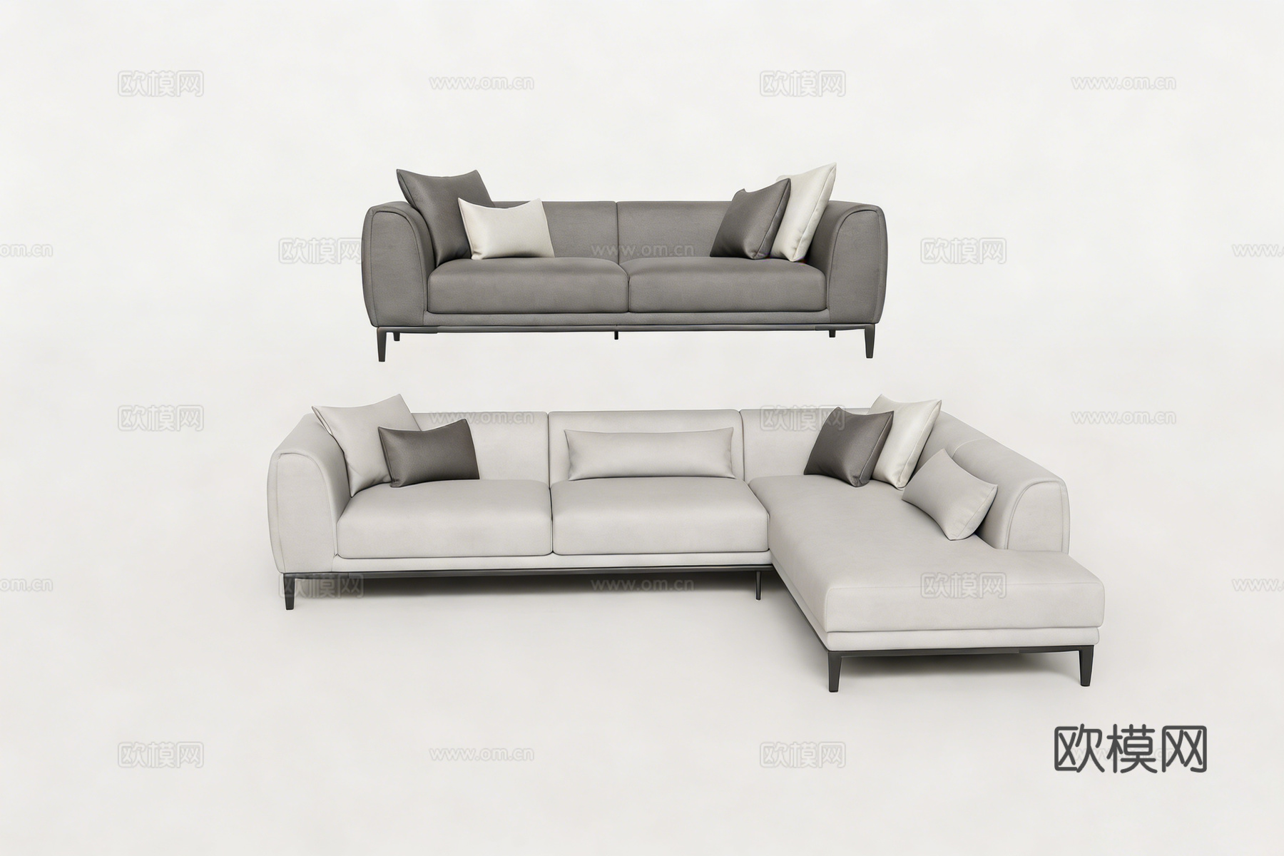 现代简约布艺沙发组合 直排L型 豆腐块模块 客厅沙发组合su模型