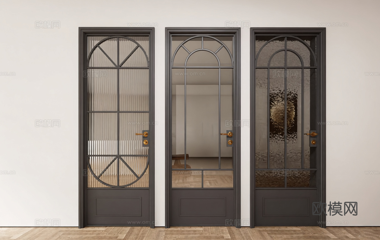 现代简约玻璃实木门 长虹玻璃拱形 水波纹玻璃 金色把手su模型