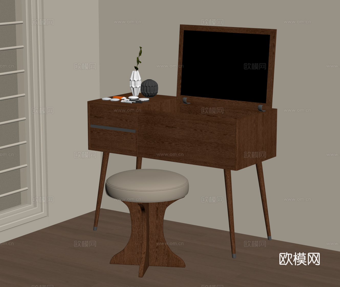 中古风梳妆台 梳妆凳su模型
