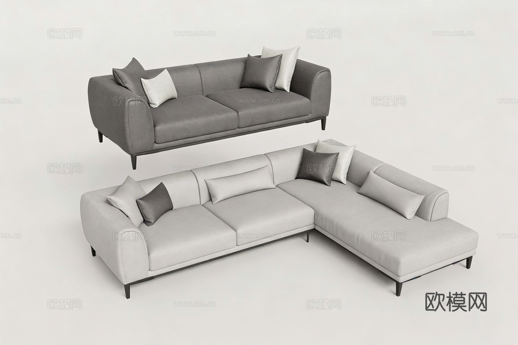 现代简约布艺沙发组合 直排L型 豆腐块模块 客厅沙发组合su模型