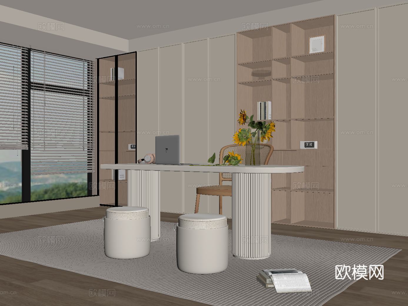 奶油风书房su模型