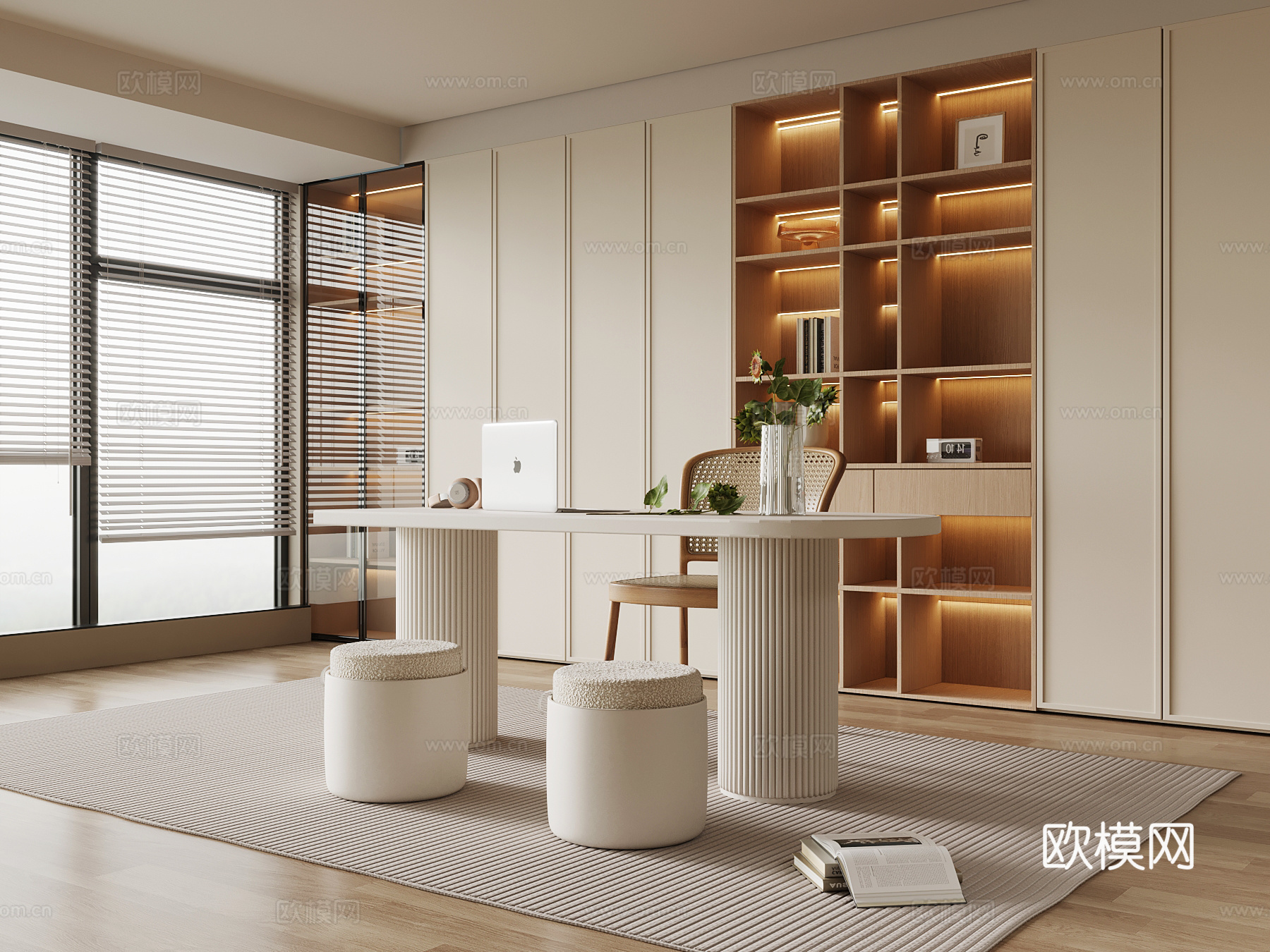 奶油风书房su模型