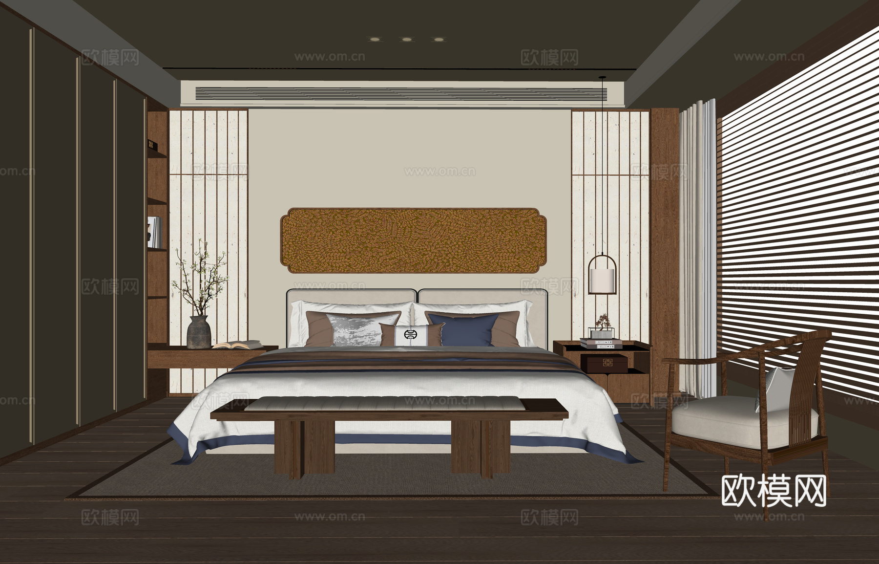 现代卧室 双人床 床尾凳su模型