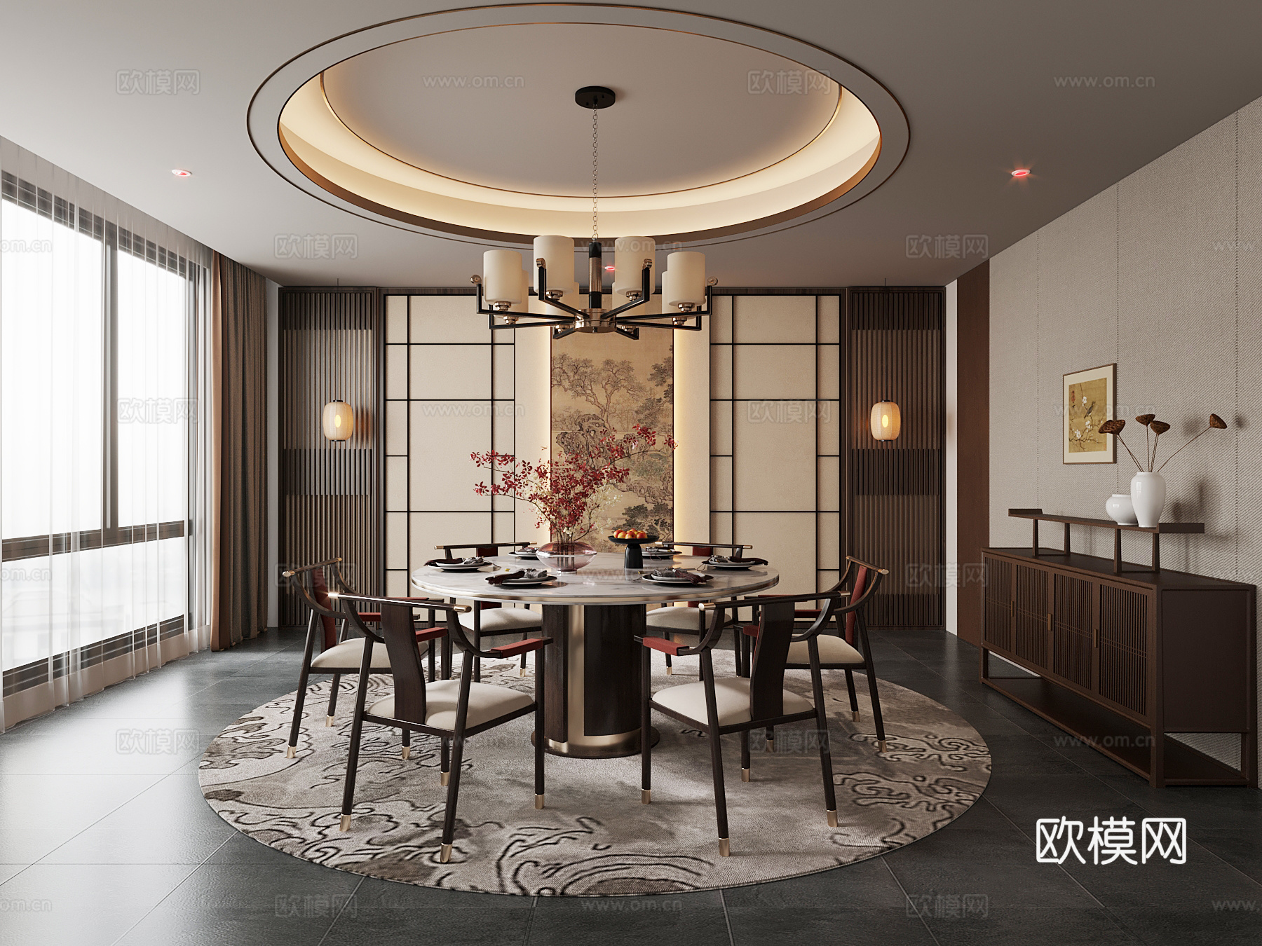 新中式餐厅 餐桌椅su模型