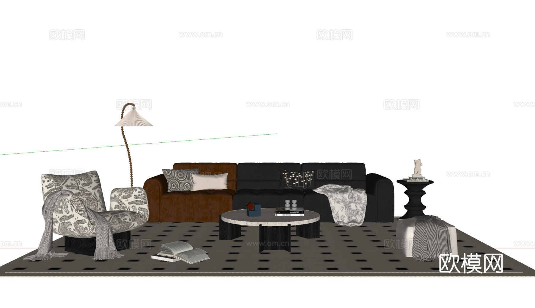法式沙发茶几组合 三人沙发 休闲沙发 落地灯 地毯su模型