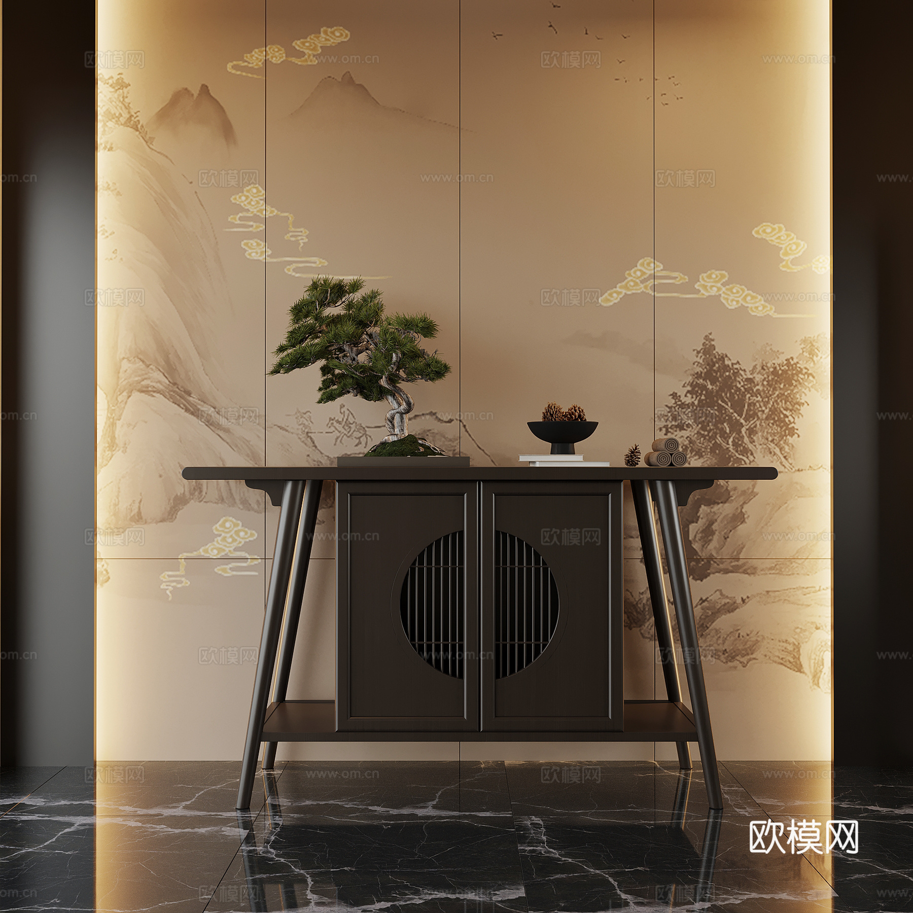 新中式玄关 端景柜 玄关柜su模型