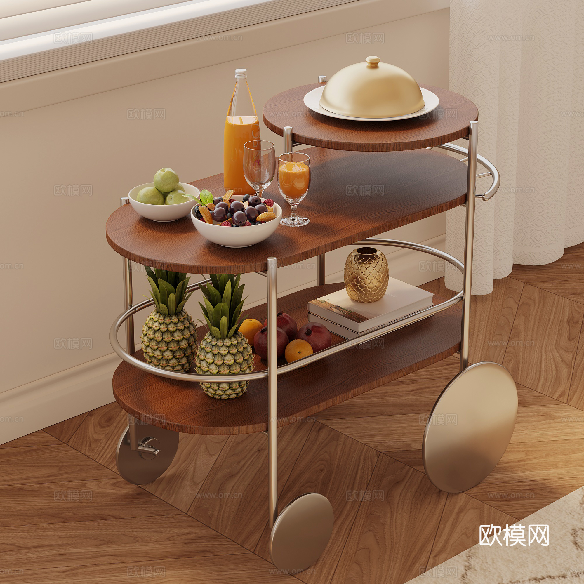 现代中古风边几 小推车 餐车su模型su模型