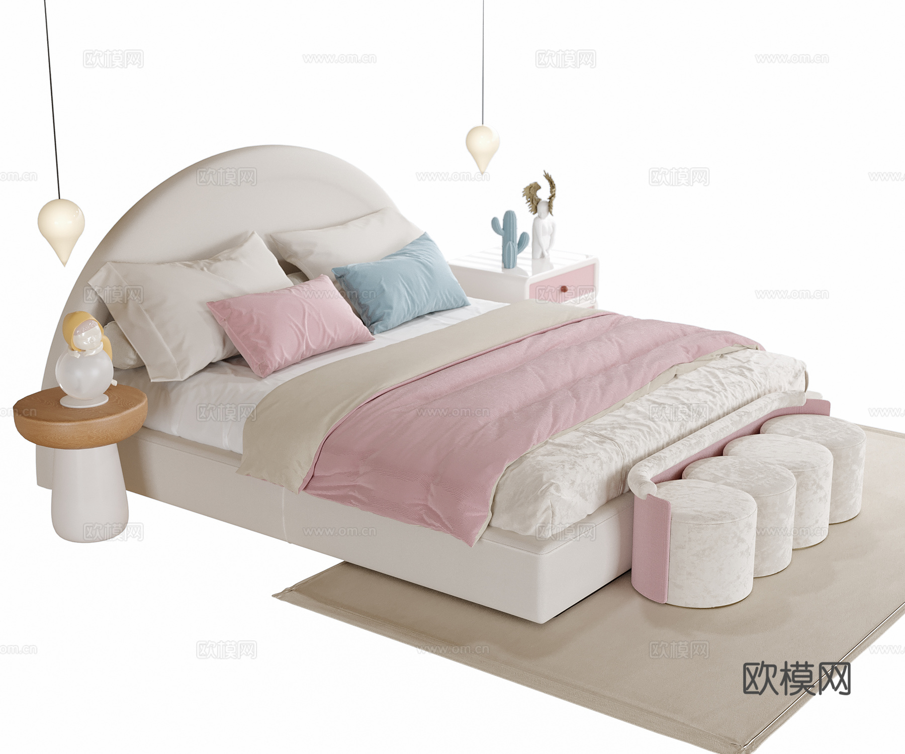 现代儿童房 床尾凳 床头柜su模型