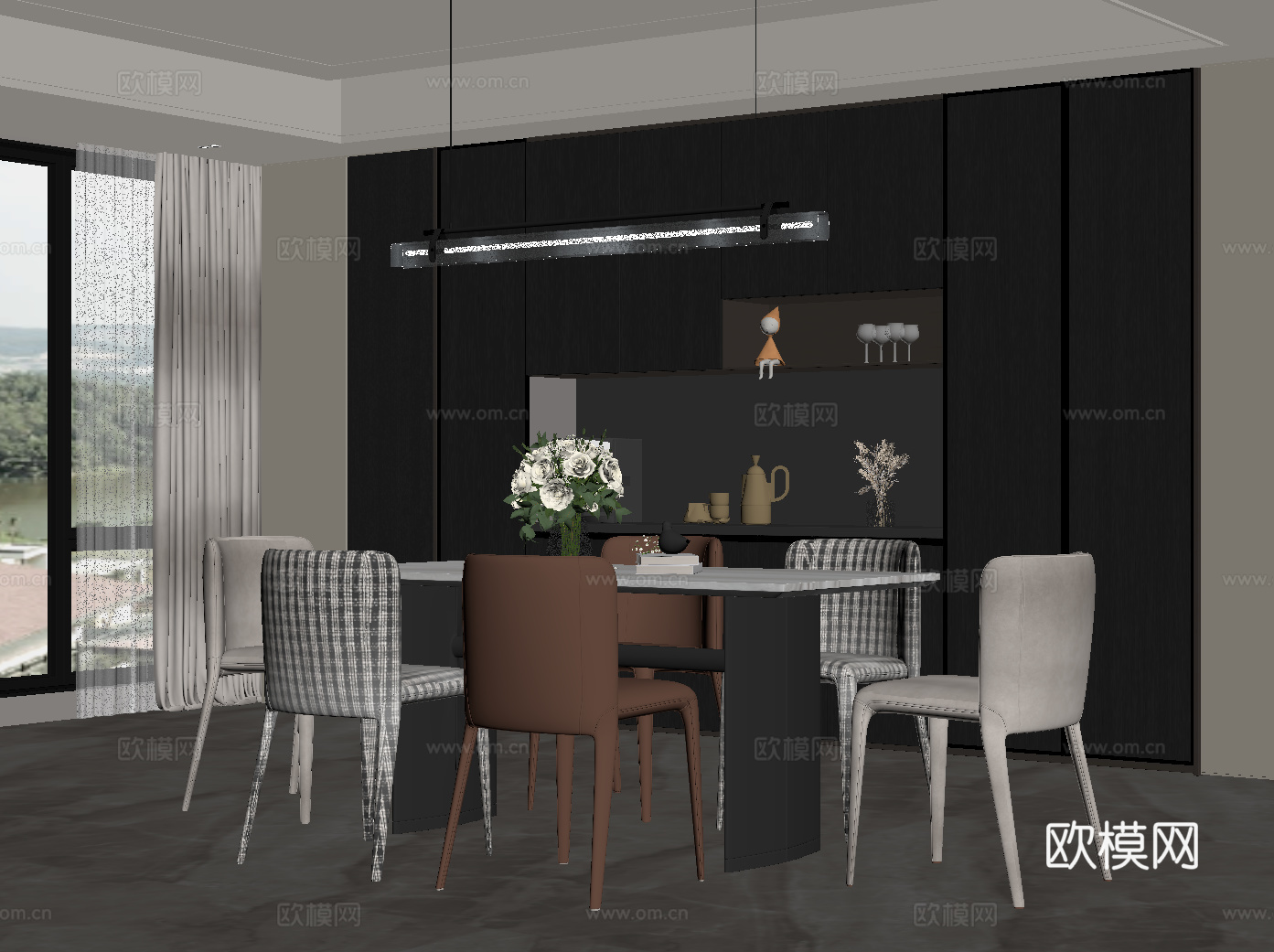 意式餐厅 餐桌椅 餐柜su模型