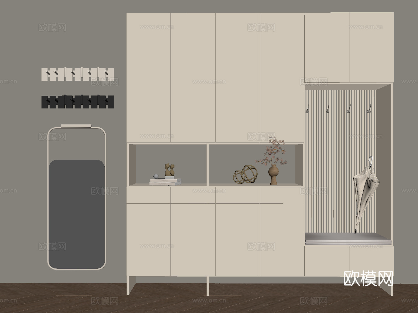 现代入户鞋柜 镜子 挂衣钩su模型su模型