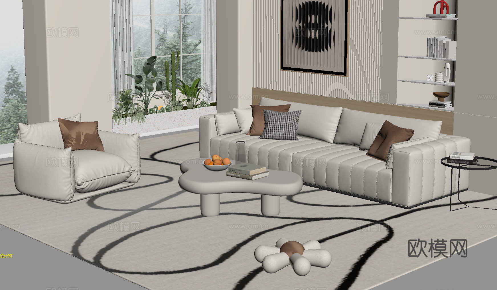 奶油风客厅su模型