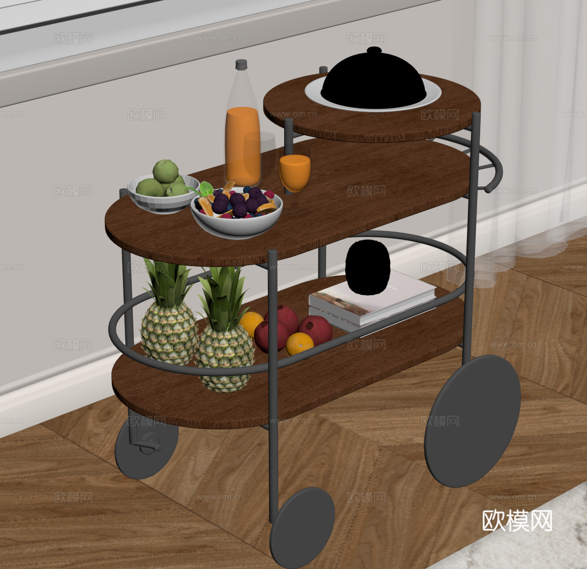 现代中古风边几 小推车 餐车su模型su模型