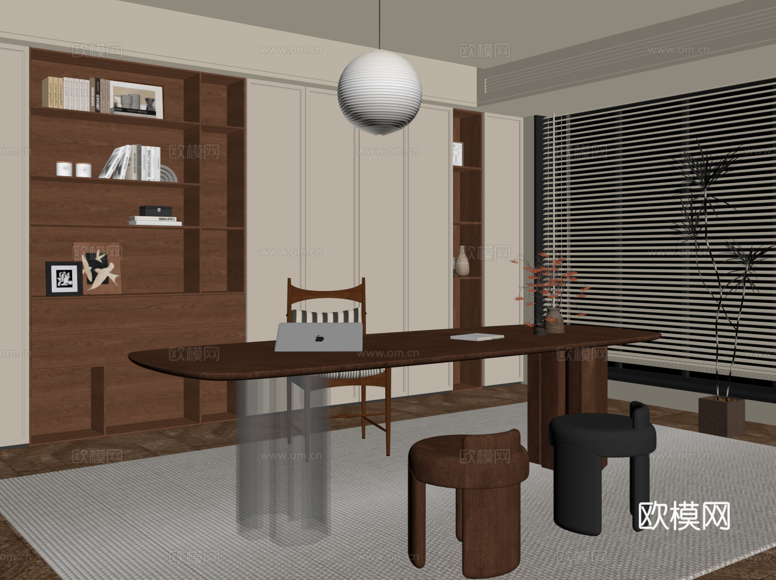 中古风书房 书桌椅 书柜su模型