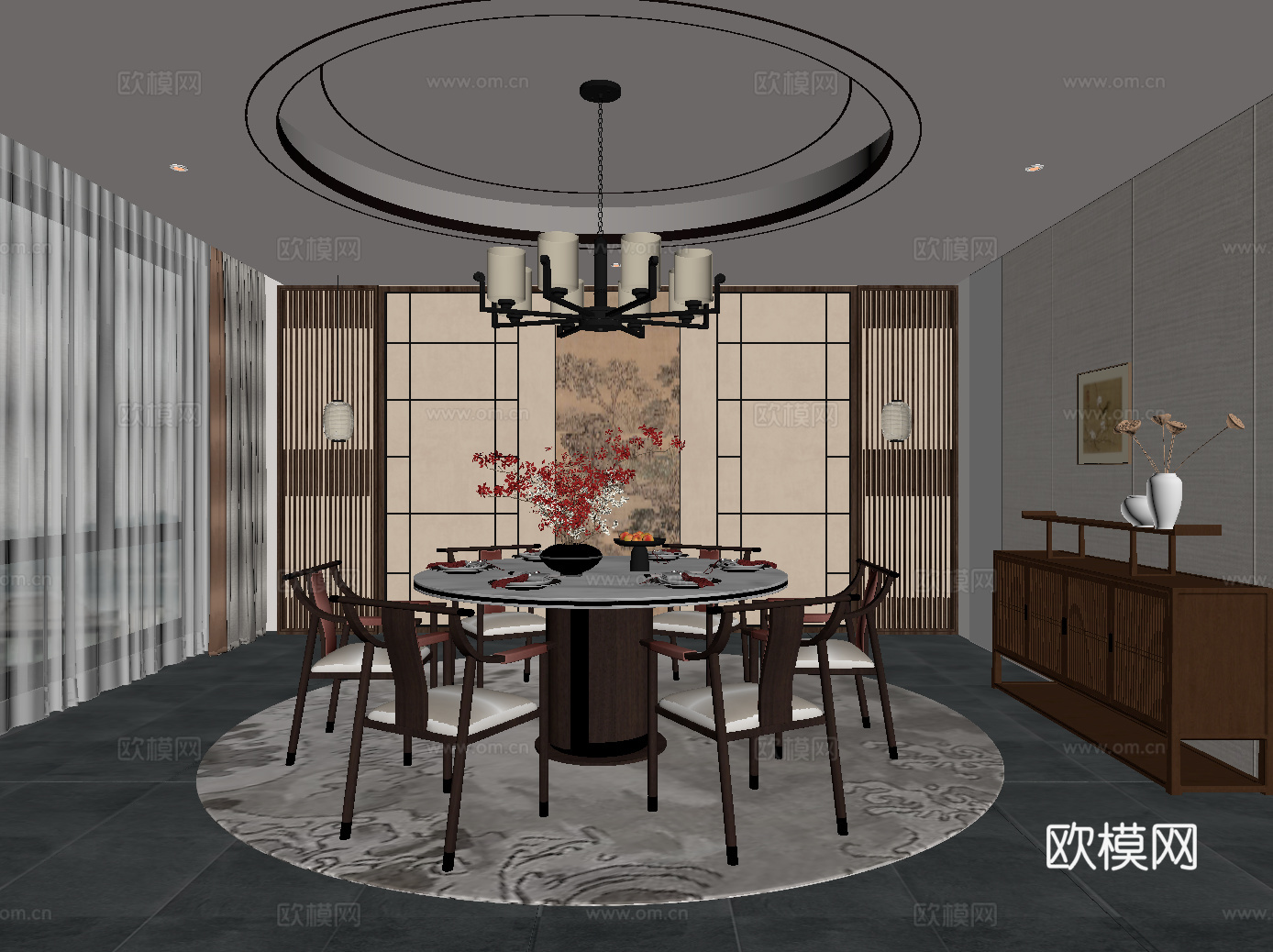 新中式餐厅 餐桌椅su模型