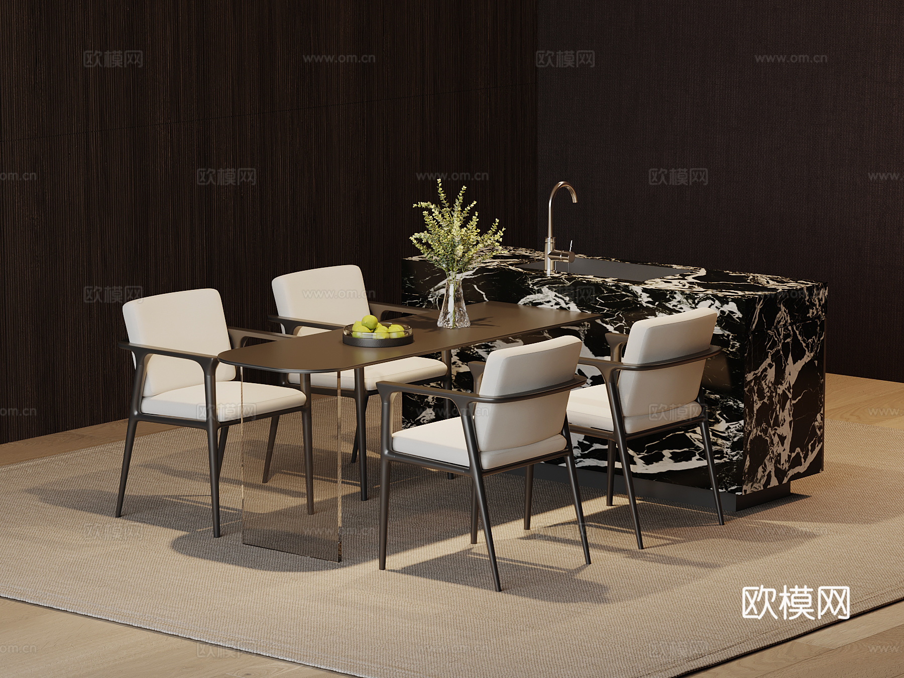 现代意式餐桌椅 岛台su模型