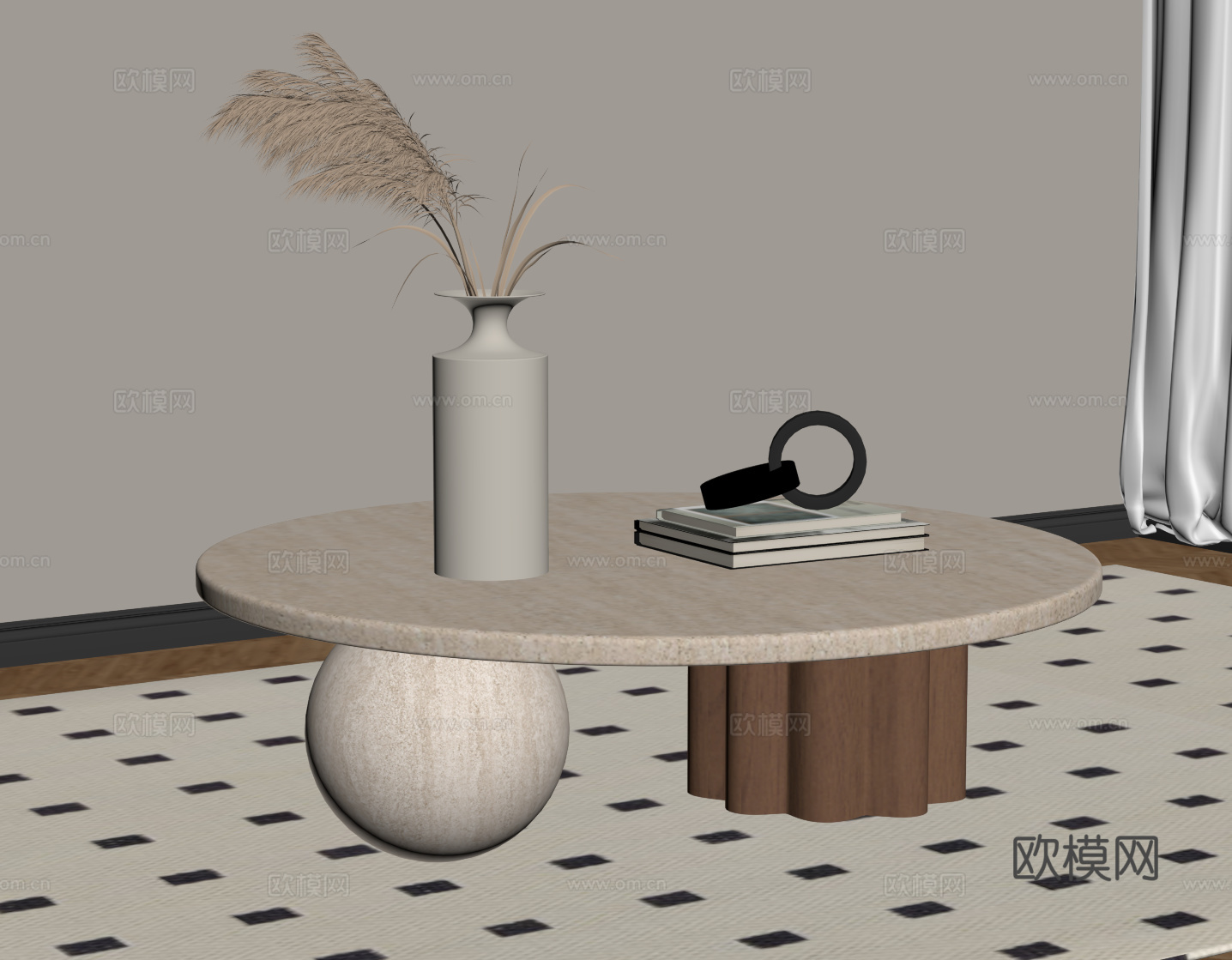 侘寂中古风茶几 大理石茶几 圆形茶几su模型