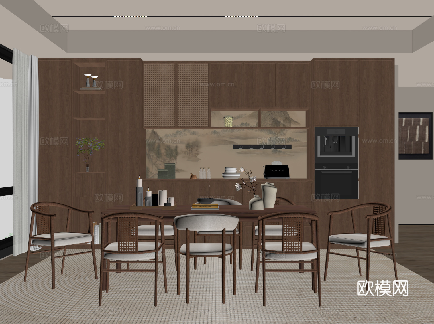 新中式餐厅su模型下载（渲染图2）