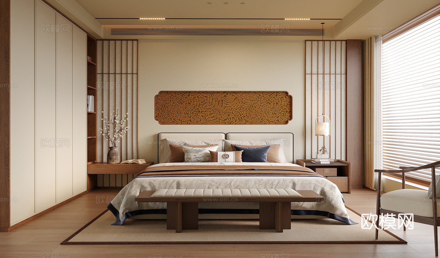 现代卧室 双人床 床尾凳su模型