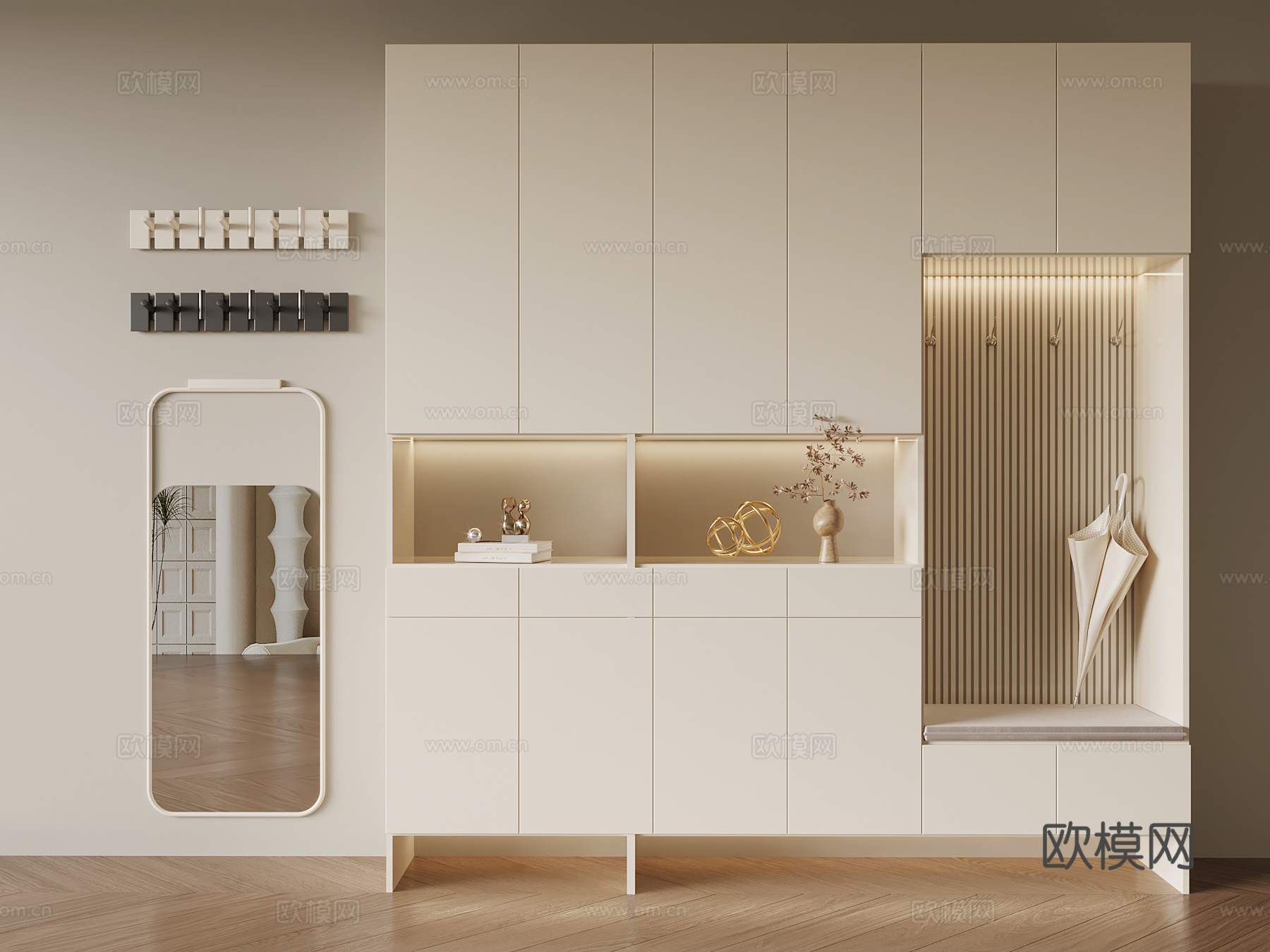 现代入户鞋柜 镜子 挂衣钩su模型su模型