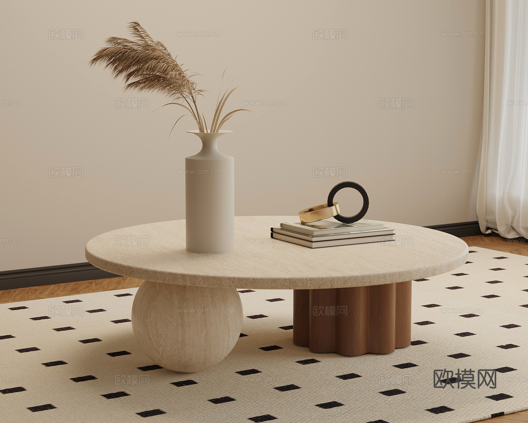 侘寂中古风茶几 大理石茶几 圆形茶几su模型