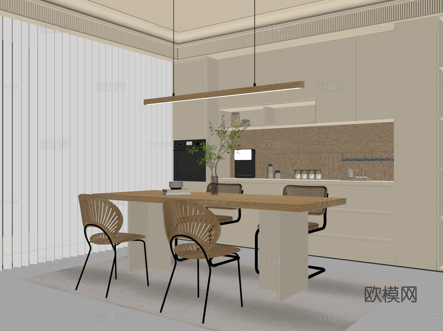 奶油风餐厅 餐桌椅 备餐柜su模型