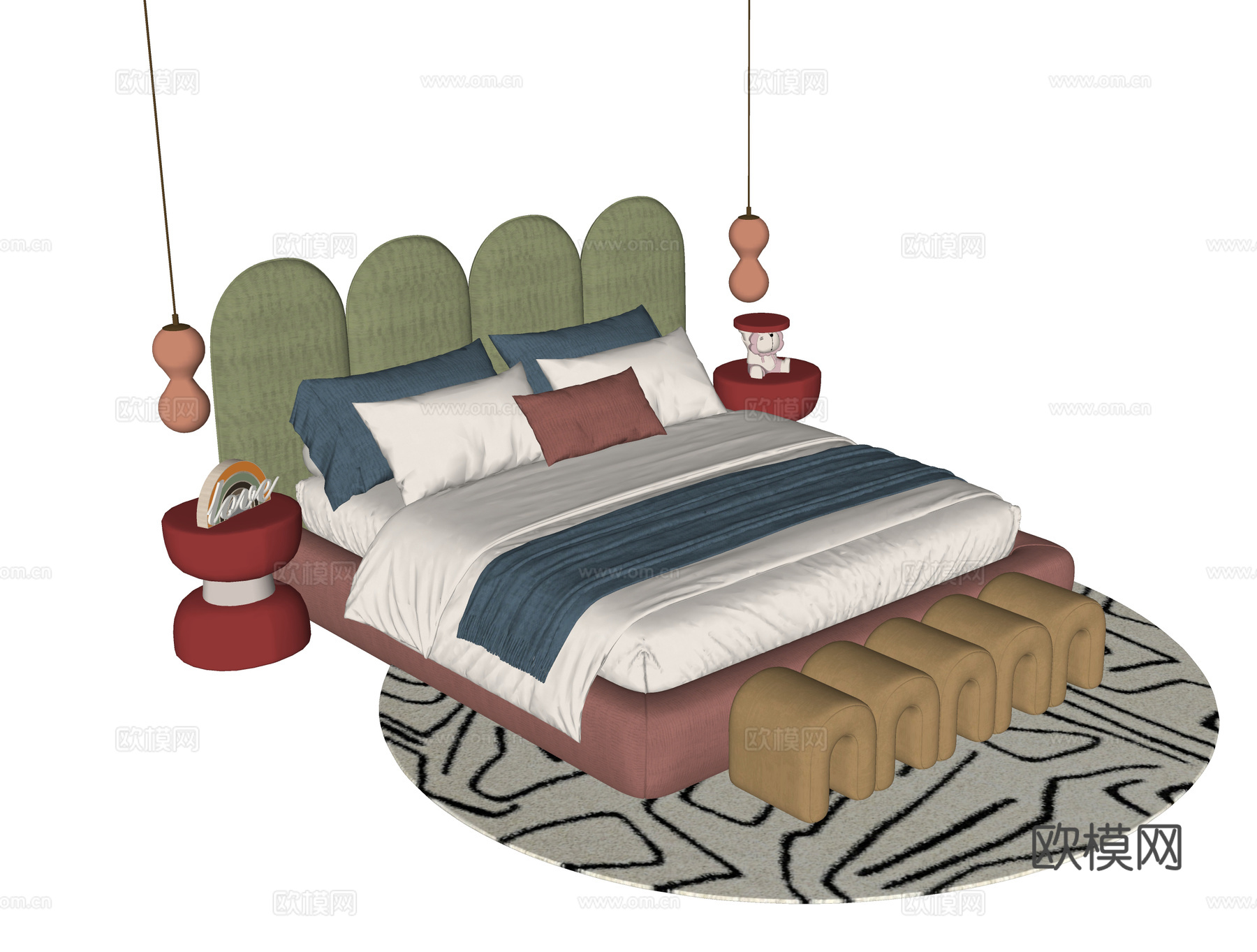 现代儿童床 单人床 床头柜su模型