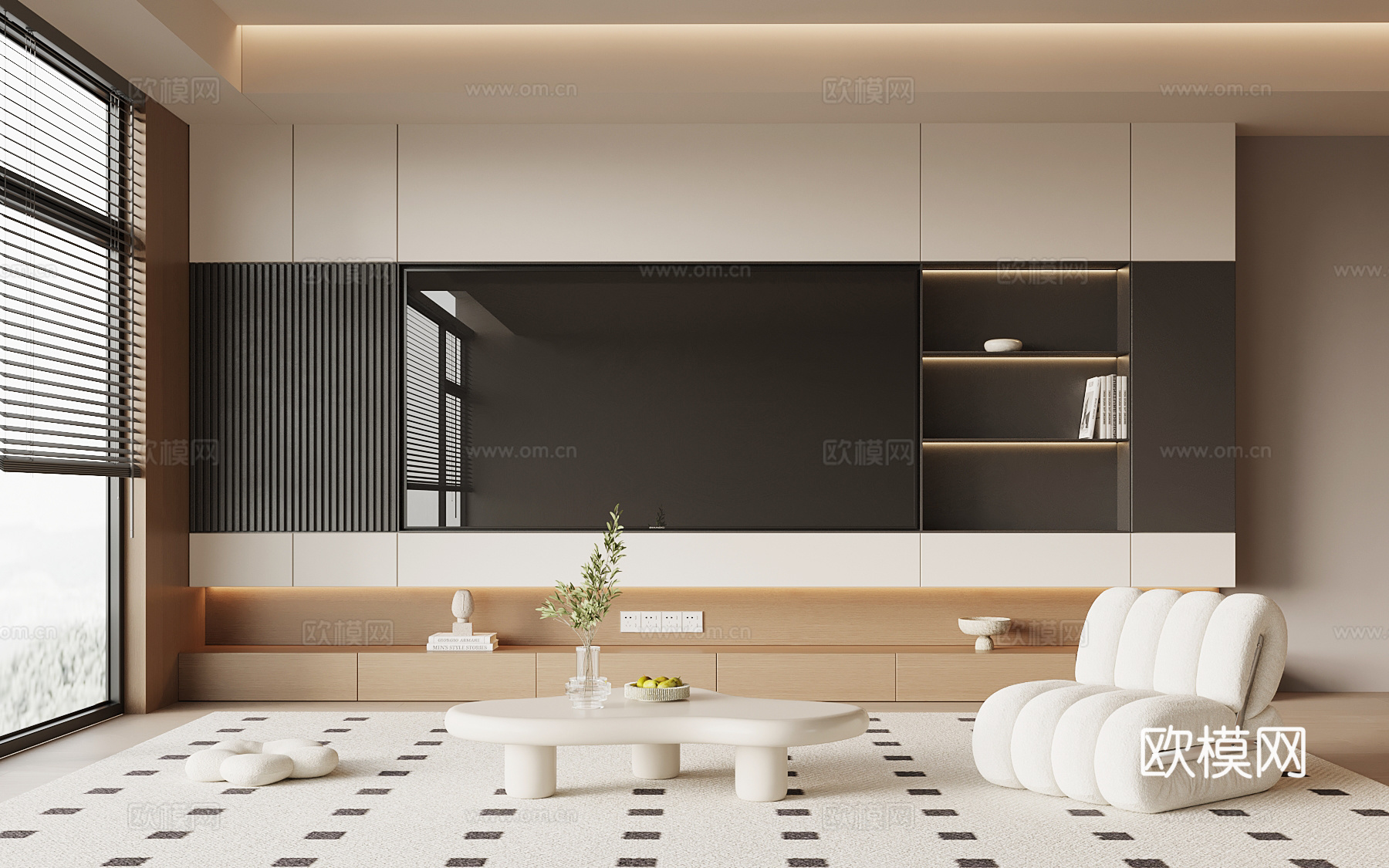 奶油风客厅 电视背景墙su模型