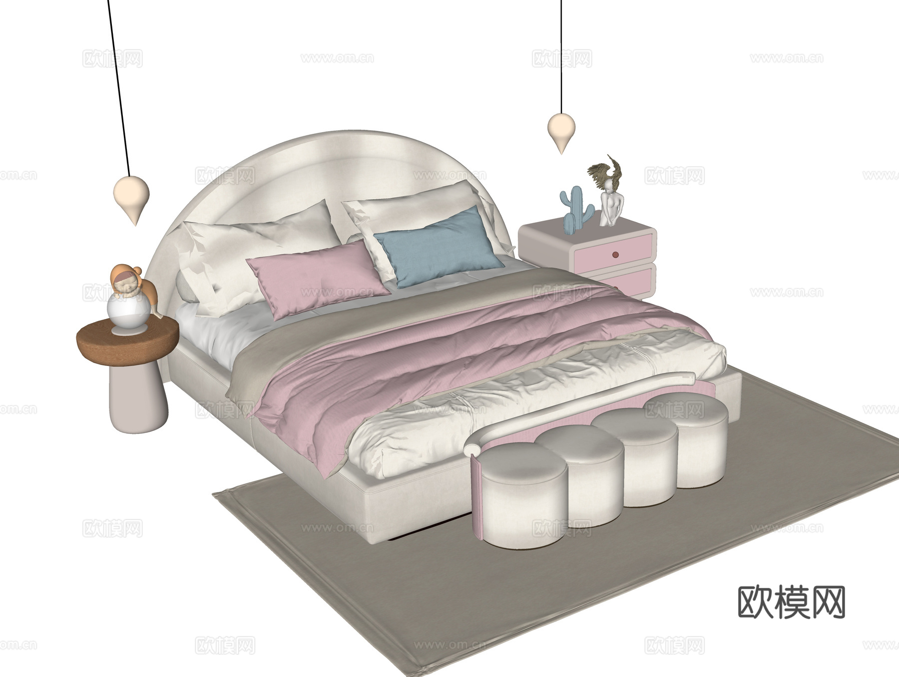 现代儿童房 床尾凳 床头柜su模型