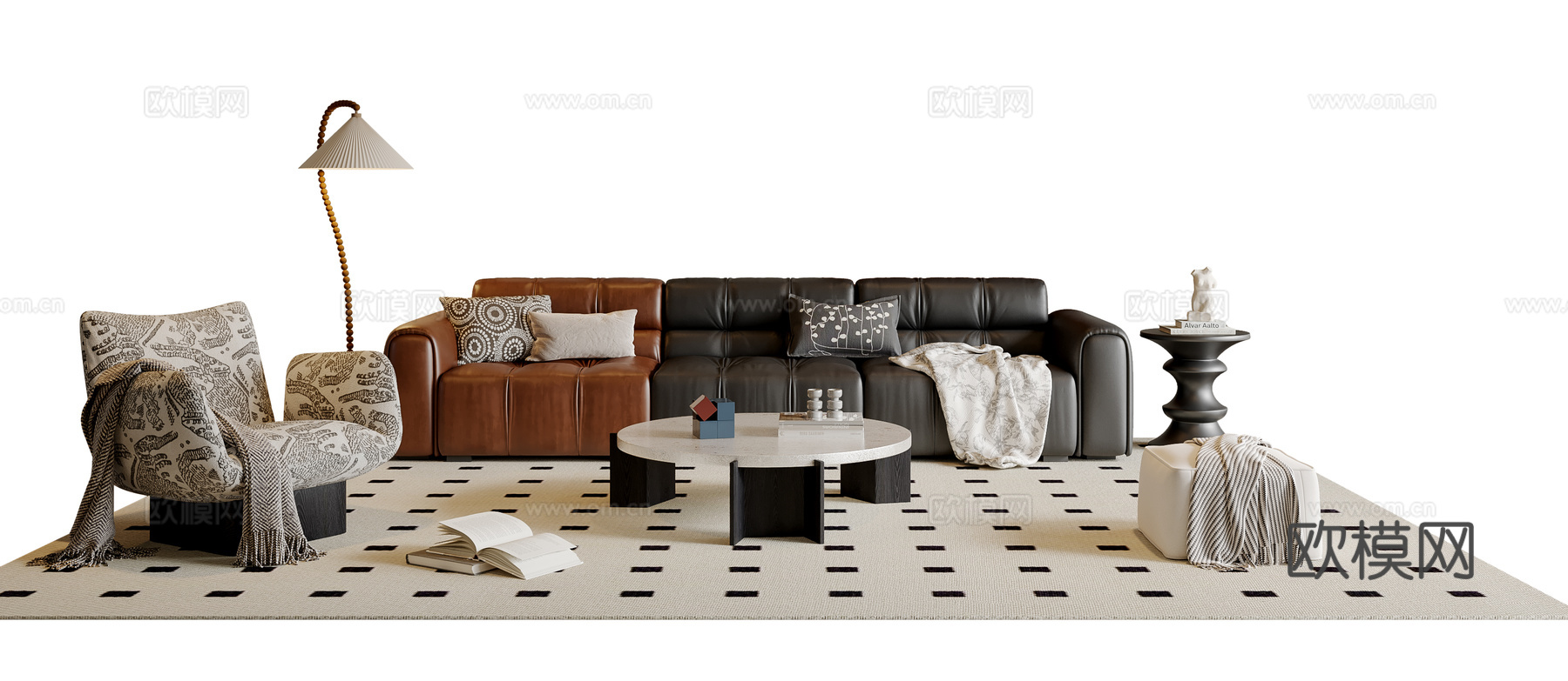 法式沙发茶几组合 三人沙发 休闲沙发 落地灯 地毯su模型