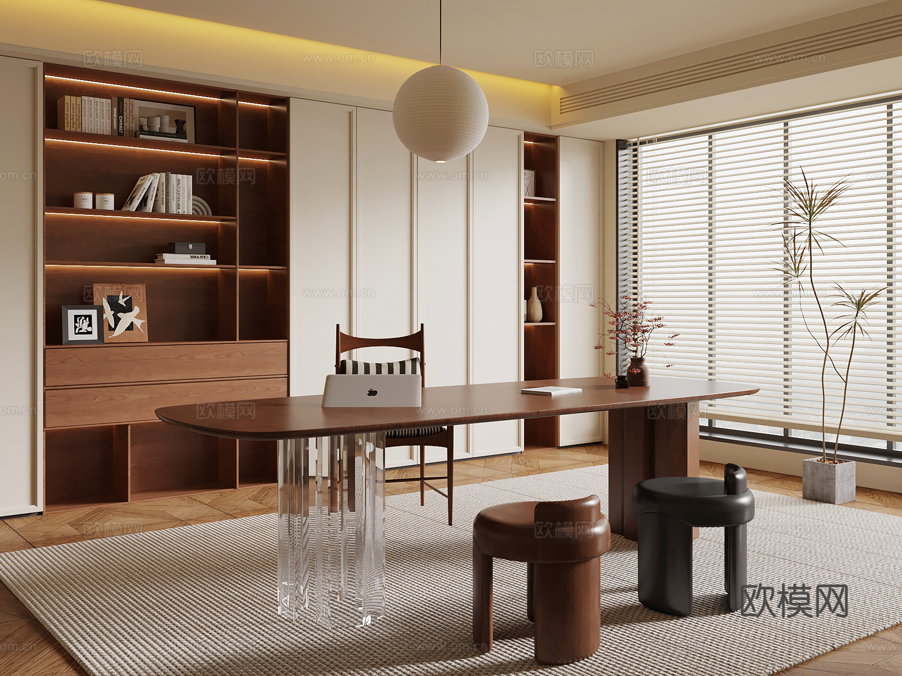 中古风书房 书桌椅 书柜su模型