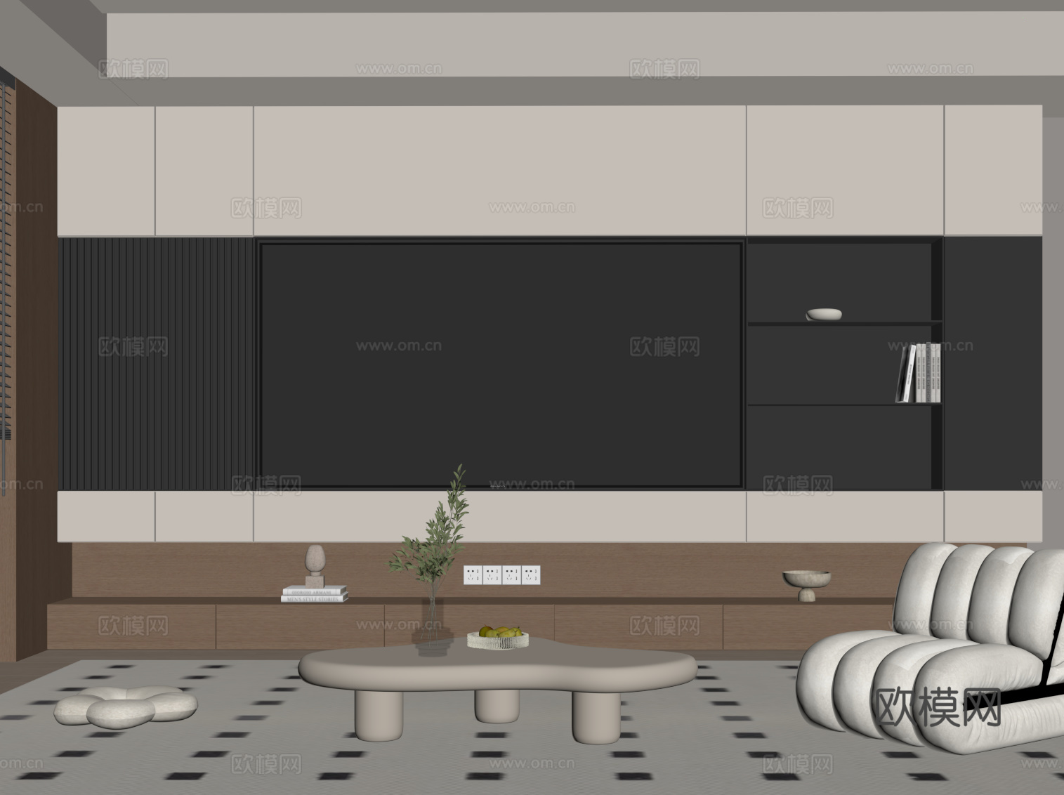 奶油风客厅 电视背景墙su模型