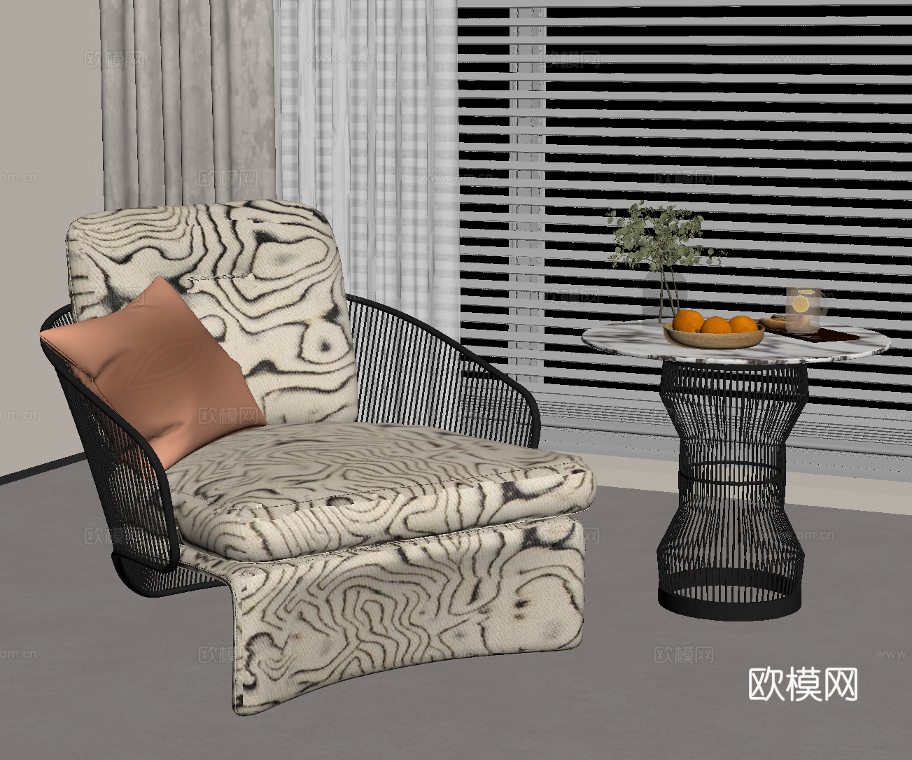 现代法式休闲椅 单人等沙发 边几su模型