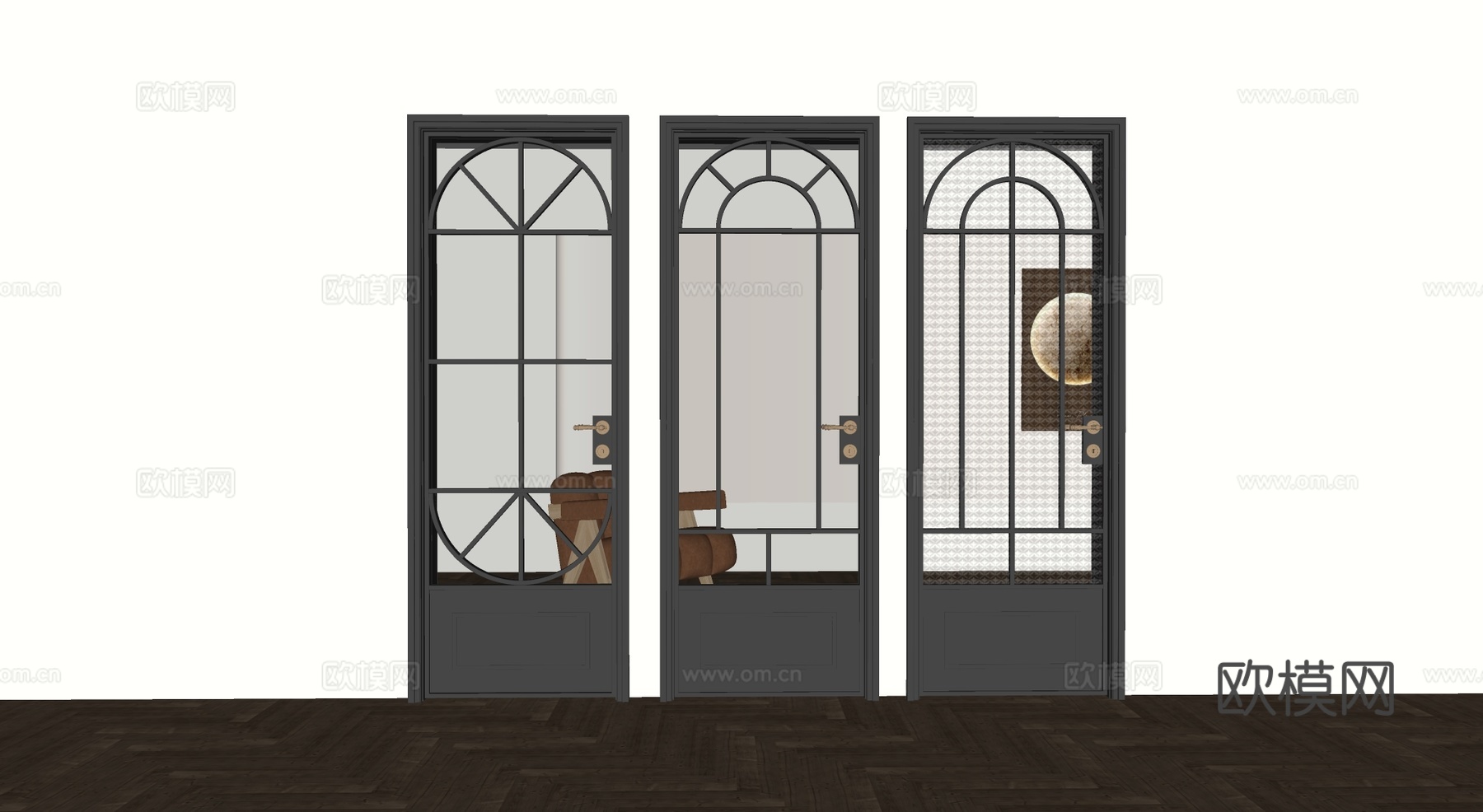 现代简约玻璃实木门 长虹玻璃拱形 水波纹玻璃 金色把手su模型