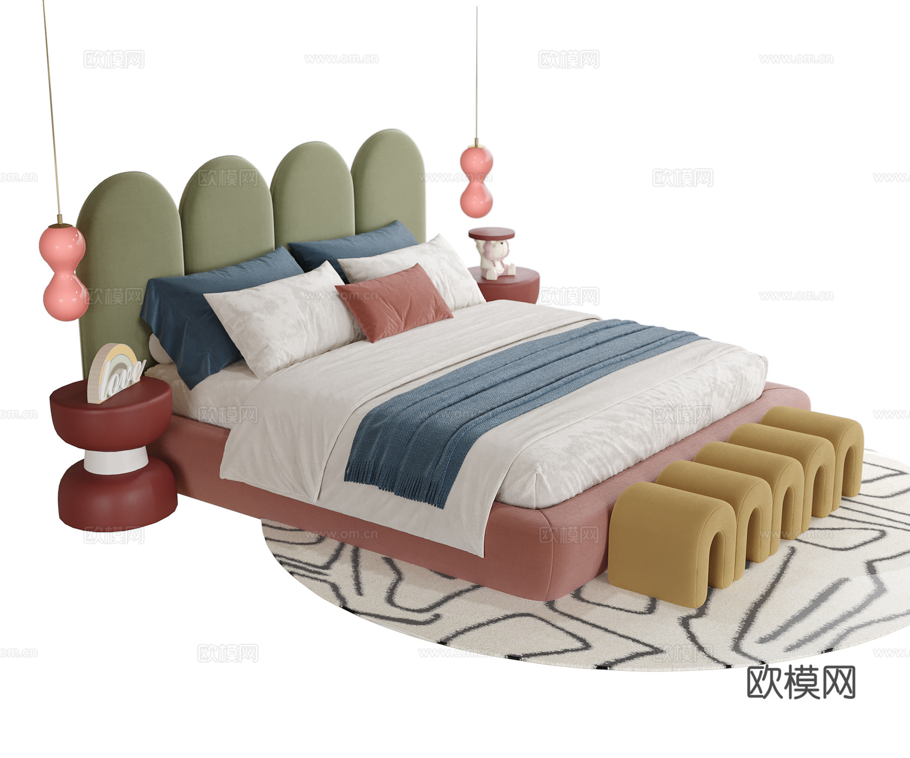 现代儿童床 单人床 床头柜su模型