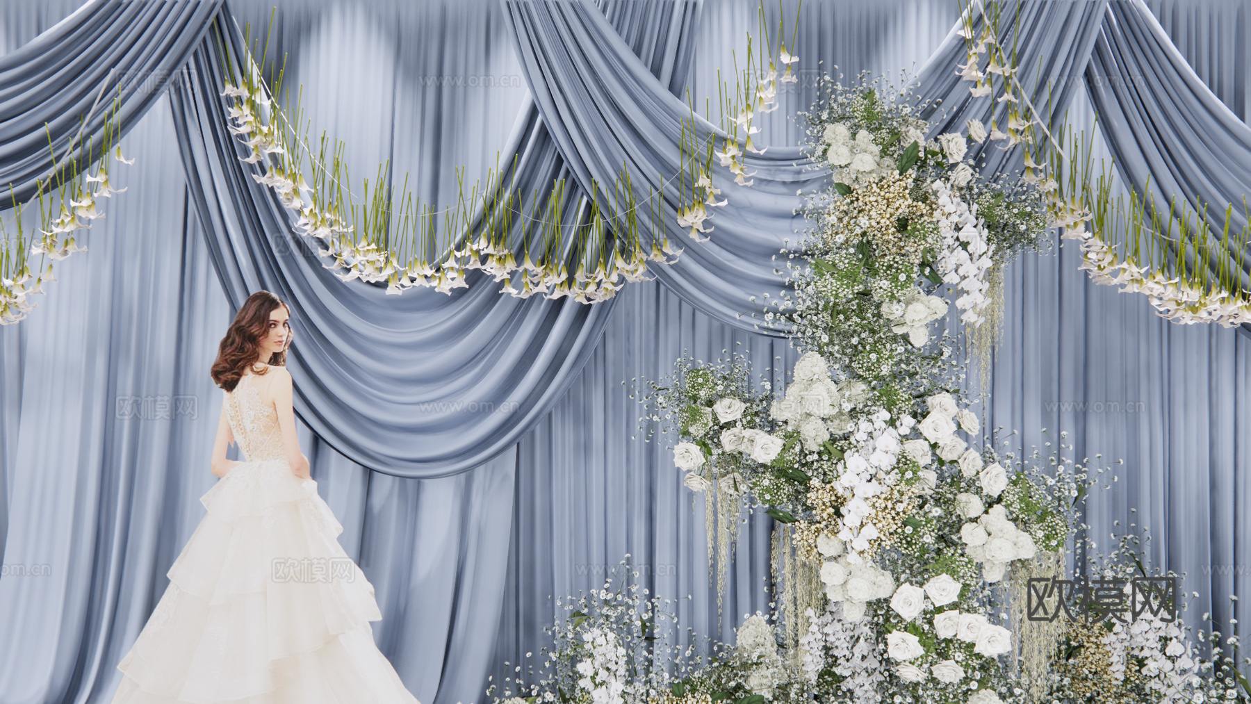 小众蓝色布幔造型婚礼花艺美陈su模型