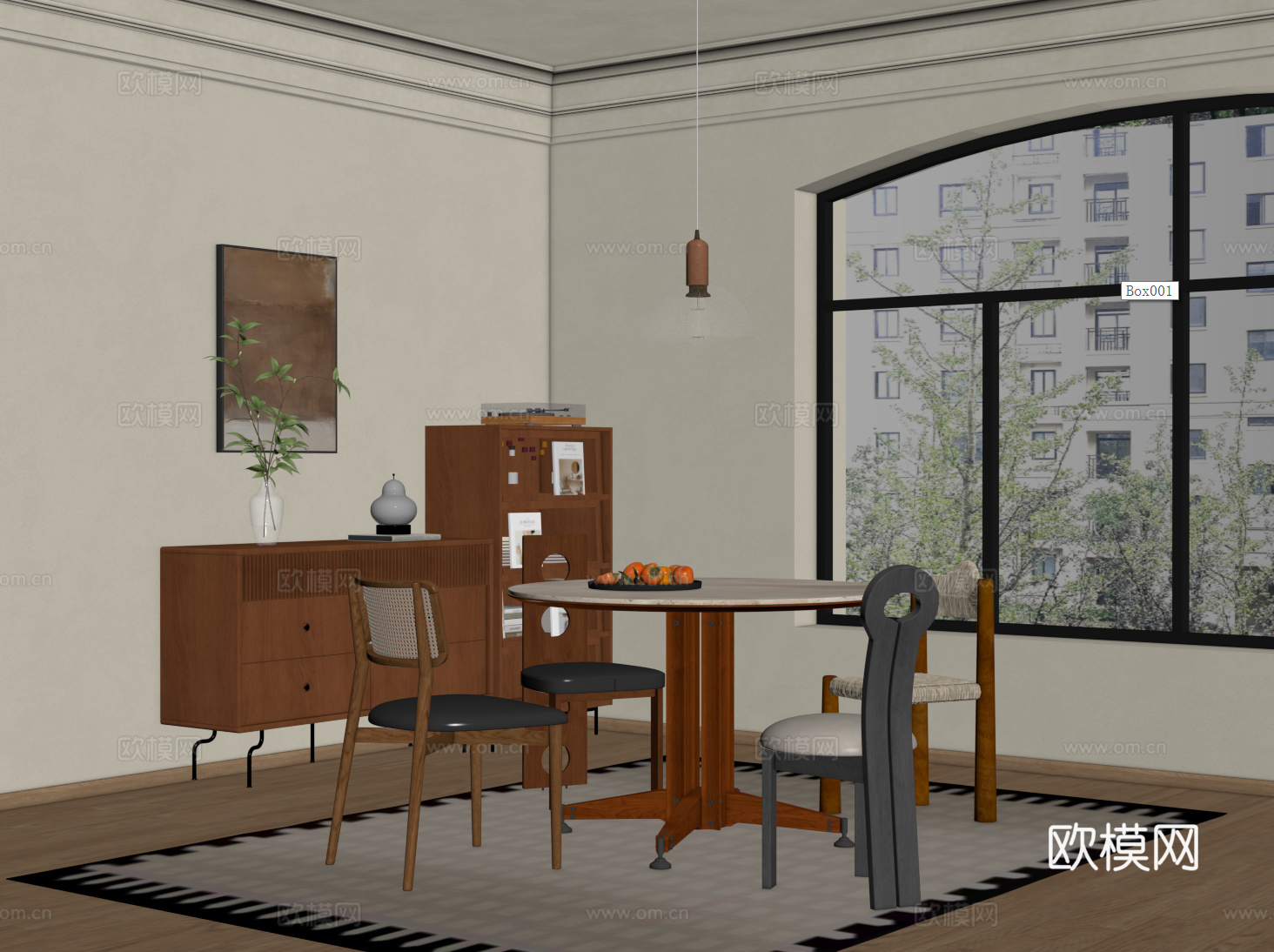 中古复古餐厅 餐桌椅 餐边柜su模型