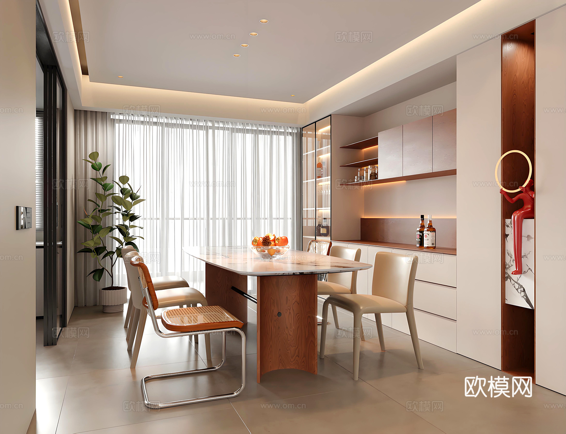现代中古餐厅 酒柜 餐桌椅 绿植盆栽su模型