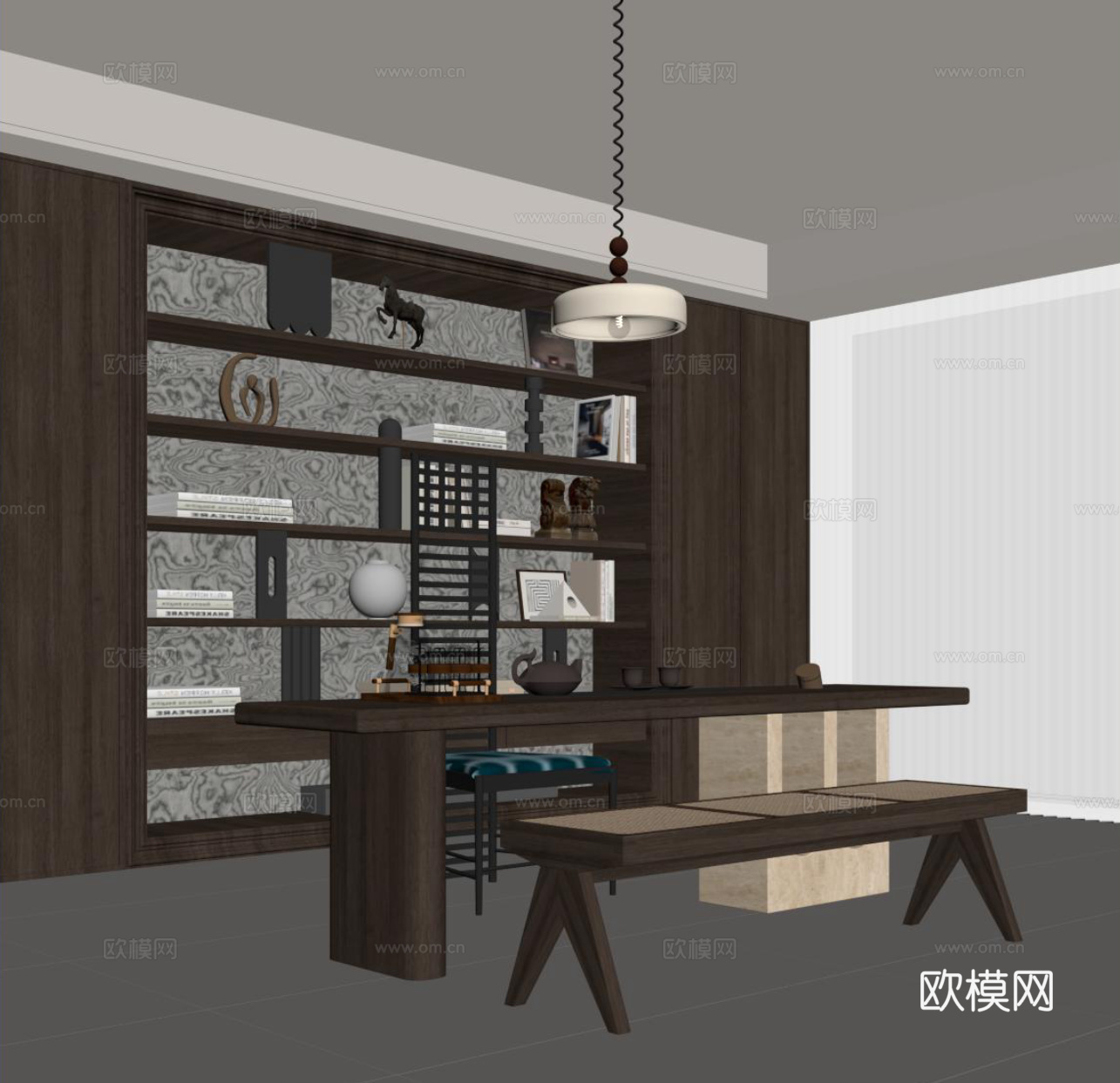 中古风书房 书柜 书桌椅su模型