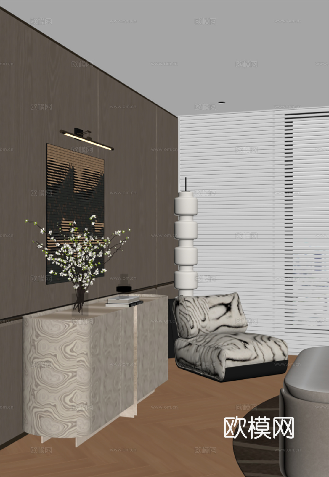 现代边柜 玄关柜 休闲椅 落地灯su模型su模型下载（渲染图2）