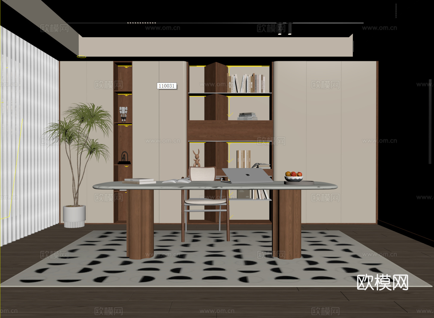 现代中古书房 书柜 书桌椅 绿植盆栽su模型
